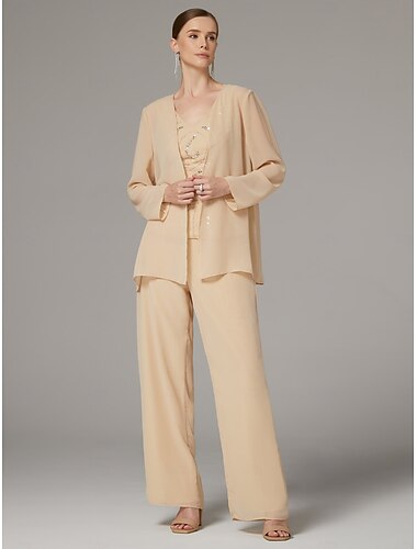  Jumpsuit  Pantsuit 3 Delen Moeder van de Bruid Strand Bruiloft Elegant Luxe V-Hals Vloerlengte Chiffon Kant Mouwloos Wrap Inclusief met Beading Pailletten 2025