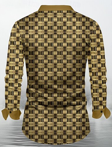  Herren Plaid Satinhemd Oberhemd Knopfhemd Langarm Modisch lässig Urlaub Party-Abendgarderobe Alltagskleidung Sommer Frühling Herbst Hemden mit Kragen 3D-Druck Gold