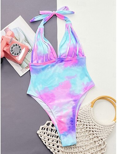  Damen Badeanzug Ein Stück Monokini Bademode Rückenfrei Bauchkontrolle Hohe Taillenlinie Schlank Urlaub Strandbekleidung Batik Halfterhals Ärmellos Badeanzüge