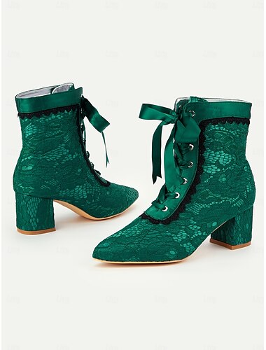  Grüne viktorianische Schnürstiefeletten für Damen mit floraler Spitzenauflage und Schleife – Vintage-Stil für besondere Anlässe