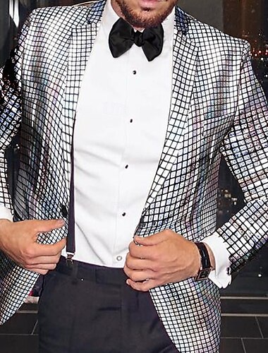  Herren Blazer Sakko Geschäft Cocktailparty Hochzeitsfeier Modisch Brautkleider schlicht Frühling & Herbst Polyester Plaid Knopf Tasche Komfortabel Einreihiger Verschluss Blazer Silber Blau Gold
