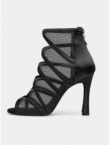  Schwarze Damen-Latein-Tanzschuhe aus Mesh mit Riemchen, weicher Wildledersohle, Reißverschluss auf der Rückseite und offenem Zehenbereich – elegante High Heels für Salsa, Tango und Gesellschaftstanz