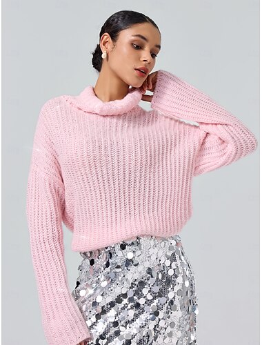  Femme Pull Chandail Col Roulé A côtes Tricoter Laine Polyester Nylon Paillettes Épaule tombante Hiver Casual Quotidien Tricot du quotidien Décontractées manche longue Couleur unie Rose Claire S M L