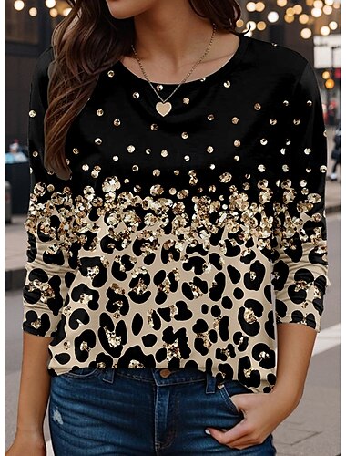  Dames T-shirt Luipaard Casual Lange mouw Strakke ronde hals Normale tops Dagelijks Afdrukken Blozend Roze Hemelsblauw Goud Lente Herfst