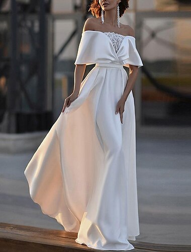  robes de mariée ligne a épaules dénudées demi-manches balayage / pinceau train robes de mariée en satin avec perles 2025