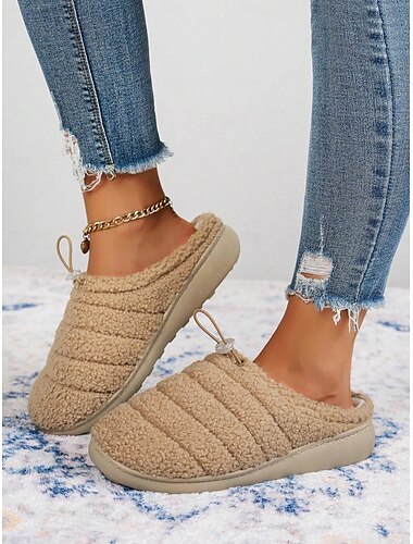  Gemütliche beige Sherpa-Hausschuhe für Damen mit gestepptem Design und rutschfester Sohle – perfekt für Komfort und Entspannung im Innenbereich