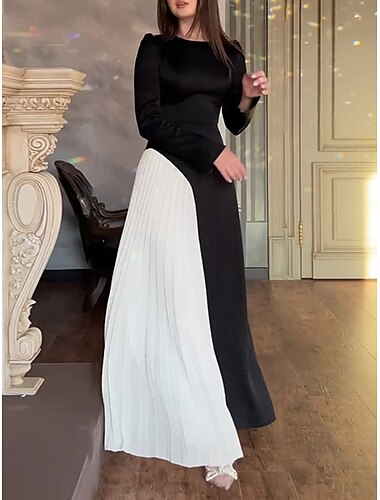  Damen Casual kleid Maxidress Gefaltet Patchwork Brautkleider schlicht Rundhalsausschnitt Langarm Schwarz Farbe