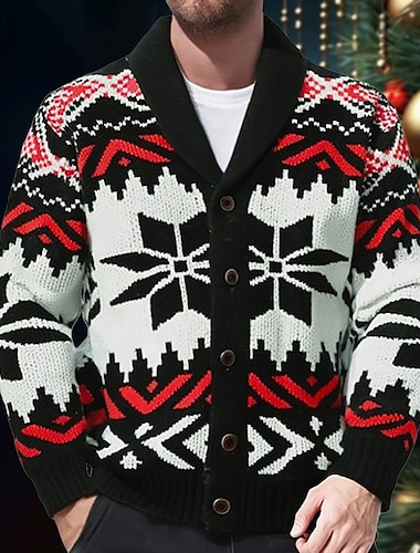  Herren Jacquard-Pullover Strickjacke Kurzer Pullover Strickpullover Gerippt Gehäkelt Stricken Standard Strick Jacquard Schneeflocke Schalrevers Modisch Klassisch Freizeitskleidung Verabredung