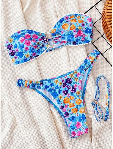  Damen Badeanzug Bikinis 2 Stück Cheeky-Bikinihose Bademode Rückenfrei Schlank Urlaub Strandbekleidung Blumen V Ausschnitt Ärmellos Badeanzüge