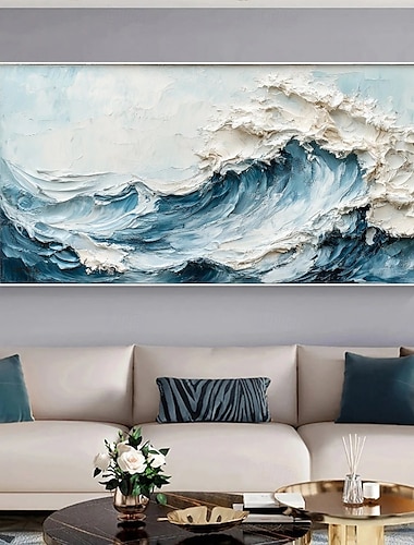  3Dフレームの海の波の油絵、手描きの青い海の油絵、キャンバスに描かれた手作りの抽象的な自然、青い海の質感のある絵画、壁アート、ミニマリスト、リビングルームの装飾用の大きな壁アート絵画