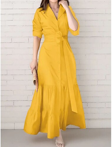  Damen schwarzes kleid Maxidress Knopf Brautkleider schlicht Hemdkragen Langarm Schwarz Gelb Rote Farbe