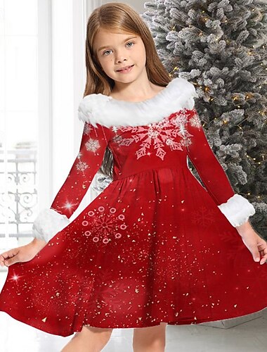  Barn Jente Julekjole Kjole Snowflake kjole Snøfnugg Langermet Julegaver Avslappet Pelskanter Crewneck Elegant Bedårende Polyester Ovenfor knéet Uformell kjole Swingkjole Kjole med A-linje Høst Vinter