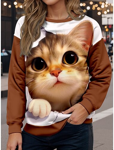  Sudadera de mujer casual con estampado de animales y gatos, ropa de calle para uso diario, cuello redondo, manga larga, marrón, otoño e invierno
