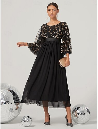  A-Linie Abendkleid elegantes Kleid Hochzeit Hochzeitsgast Knöchellang 3/4 Ärmel Rundhals Nylon mit Glitzer 2025