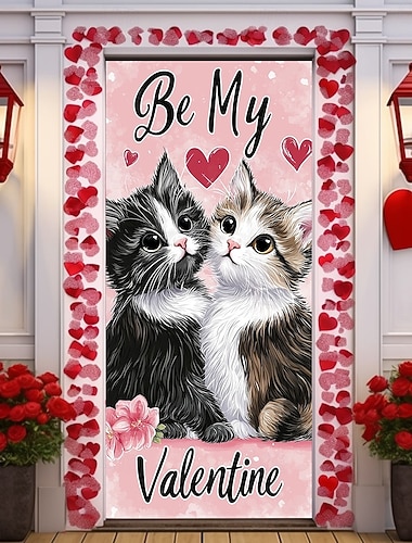  décorations extérieures de la Saint-Valentin, couvre-portes, tapisserie de porte, rideau de porte, décoration, toile de fond, bannière de porte intérieure/extérieure pour porte d'entrée, couple de