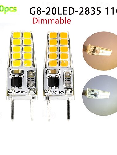  10pcs lâmpadas LED G8 reguláveis, 3W 20 LEDs substituição de LED de silício para lustres de halogênio 120V