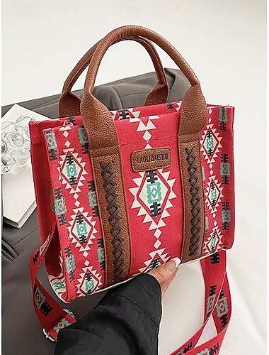  Boho etnische print tote bag voor dames – vintage-geïnspireerde canvas handtas met leren accenten, ideaal voor casual uitjes en dagelijks gebruik