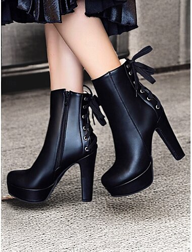  weiße Damen Plateau Stiefeletten mit Schnürung hinten und seitlichem Reißverschluss – trendige High Heel Stiefel für Partys und zum Ausgehen