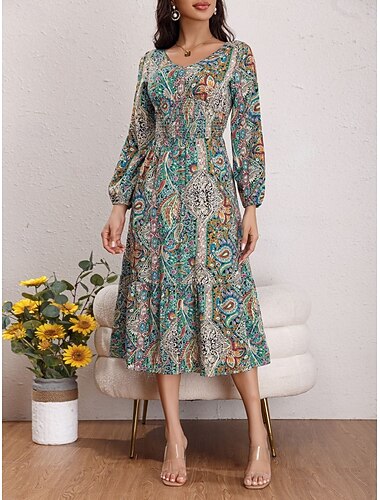  Damen Midikleid Casual kleid Schaukelkleid A Linie Kleid Boho-Kleid Böhmen Vintage Brautkleider schlicht Urlaub Täglich Regular Fit Paisley-Muster Langarm Rundhalsausschnitt Regenbogen Sommer