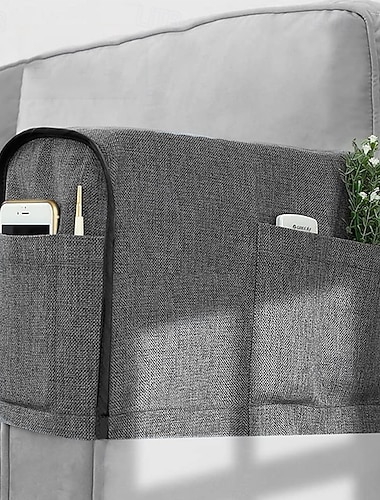  Fundas de reposabrazos de lino angostas para sillón reclinable para sala de estar, protector de brazo de sofá antideslizante para perros, gatos y mascotas, funda de sillón para sofá con 4 bolsillos