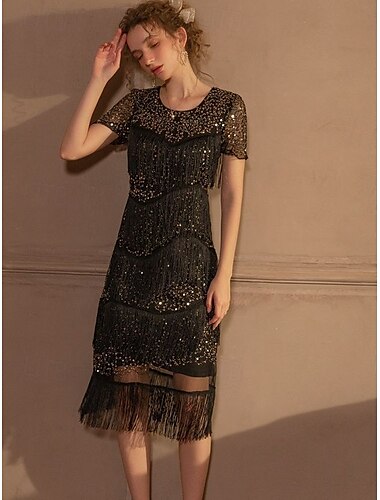  Goldene Zwanziger 1920er Urlaubskleid Flapper Kleid Kleid Maskerade Der große Gatsby Dame Hochzeitsgast Pailletten Quastenfransen Damen Halloween Karneval Maskerade Hochzeit Hochzeitsgast