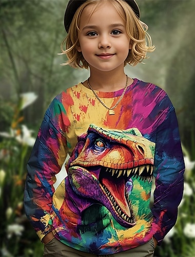  للفتيات 3D الرسم حيوان ديناصور تي شيرت كنزة مطبوعة كم طويل الربيع الخريف موضة أساسي أطفال 4-12 سنة رقبة العمل الأماكن المفتوحة فضفاض مناسب للبس اليومي عادي