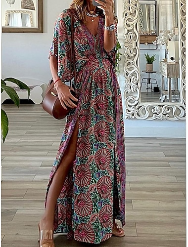  Damen Maxidress Casual kleid Schaukelkleid A Linie Kleid Boho-Kleid Brautkleider schlicht Täglich Regular Fit Blumen Halbe Ärmel V Ausschnitt Fuchsie Sommer Frühling Herbst