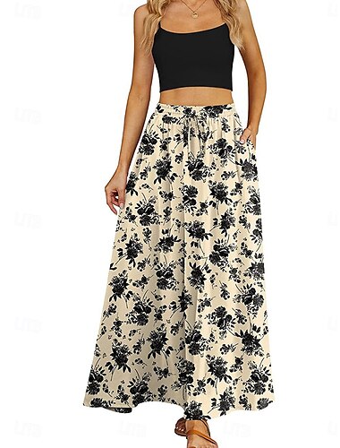  Femme Jupe longue Elégant Rétro Vintage Maxi Taille haute Jupes Floral Graphic Patchwork Sortie Casual Quotidien Bleu Noir Bleu Kaki Eté Polyester