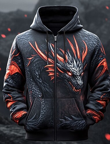  Hombre Dragón Sudaderas Sudadera Sudadera con capucha Con Capucha Moda Impresión 3D Vacaciones Noche Ropa de calle Negro Cremallera Correa Otoño Invierno Diseñador