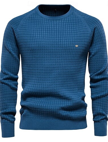  Herr Tröja Pullover tröja Stickat Ribbad Sticka Vanliga toppar Rutig Rund hals Stickat Neutral Utomhus Ledigt / vardag Kläder Vår & Höst Marinblå Blå S M L