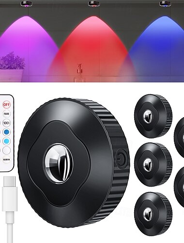  Luces de disco RGB recargables con control remoto, luces de grifo que funcionan con batería de 1200 mAh, iluminación táctil regulable debajo del gabinete, luces de empuje inalámbricas, luz de estante
