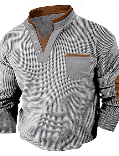  Herr Våffeltröja Waffle Henley Shirt Långärmad V-hals Vår & Höst Ensfärgat Mode Grundläggande falska två stycken Gata Ledigt Sport Svart Marinblå Ljusgrå Topp t-shirt för män
