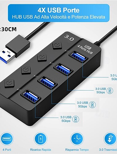  USB-Hub 4-Port-USB-3.0-Hub mit individuellem LED-Schalter, tragbarer Adapter, Hochgeschwindigkeitserweiterung, Multi-USB-Hub-Splitter-Adapter