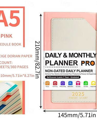  2025 täglich &Monatsplaner ohne Datum Softcover Leder 200 Blatt 400 Seiten A5 Größe mit Taschenaufbewahrung und Lesezeichenband