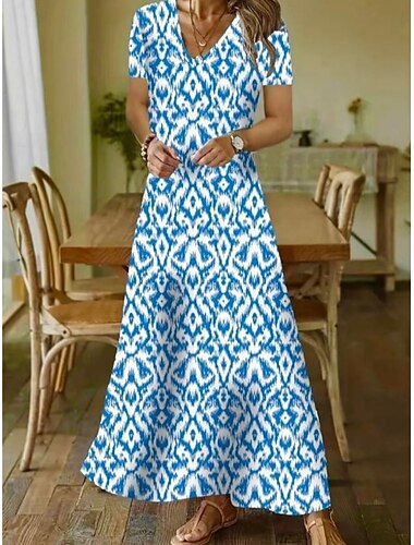  Women's Geometric V Neck Maxi Dress Short Sleeve Summer Spring