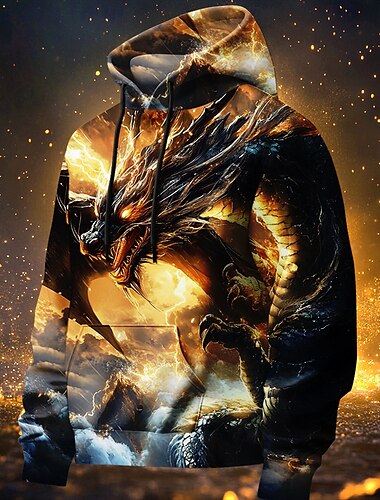  男性用 ドラゴン フーディーズ スウェットシャツ アウター フード付きスウェットシャツ クルーネック ファッション 3Dプリント パーティー 祝日 ストリートウェア イエロー ドローストリング 秋 冬 デザイナー