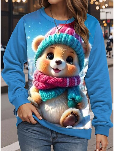  Mujer Graphic Casual Manga Larga Cuello Barco Tops regulares Calle Uso Diario Estampado Azul Piscina Otoño Invierno