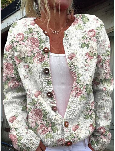  Damen Pullover Strickjacke Brautkleider schlicht Weich Blumen Gerippt Rundhalsausschnitt Knopf Tasche Strick Langarm Normale Oberteile Stricken Outdoor Täglich Wochenende Schwarz Weiß Herbst Winter