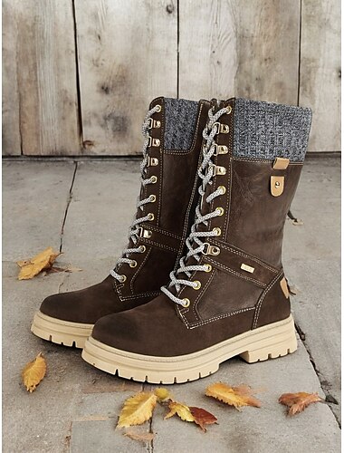  botas de inverno femininas marrons com cadarço – couro sintético, design de punho de malha, forro isolado, sola resistente para clima frio e aventuras ao ar livre