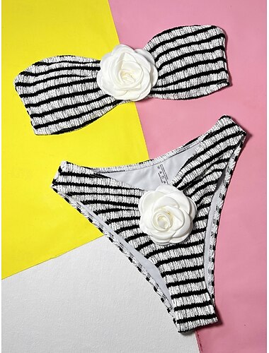  Damen Badeanzug Bikinis 2 Stück Cheeky-Bikinihose Bademode Rückenfrei Schlank Urlaub Strandbekleidung Streifen Trägerlos Ärmellos Badeanzüge