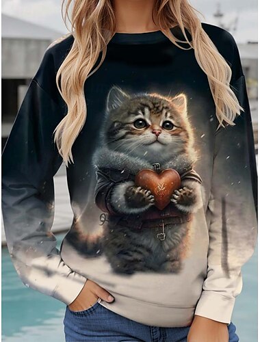  Sudadera de mujer con estampado gráfico de calle para uso diario, informal, cuello redondo, manga larga, microelástica, otoño e invierno, cómoda, transpirable, tejido suave