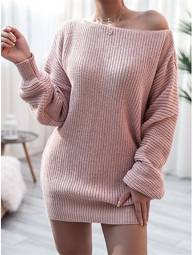  Damen Pullover Pullover Kleid Brautkleider schlicht Weich Einfarbig Gerippt Schulterfrei Strick Langarm Lange Oberteile Stricken Outdoor Täglich Wochenende Weiß Rosa Herbst Winter