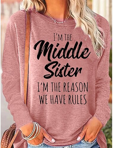  Damen T Shirt Buchstabe Brautkleider schlicht Langarm Rundhalsausschnitt Normale Oberteile Täglich Bedruckt Rosa Blau Grün Grau Frühling Herbst