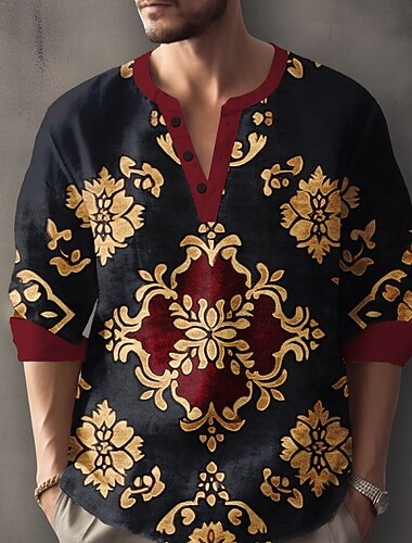  Per uomo Floreale Camicia Camicia con bottoni Camicia Henley Manica lunga Vintage Informale Da mare Giornaliero Abbigliamento mare Estate Primavera Autunno Collo A V Bottoni Stampa 3D Nero