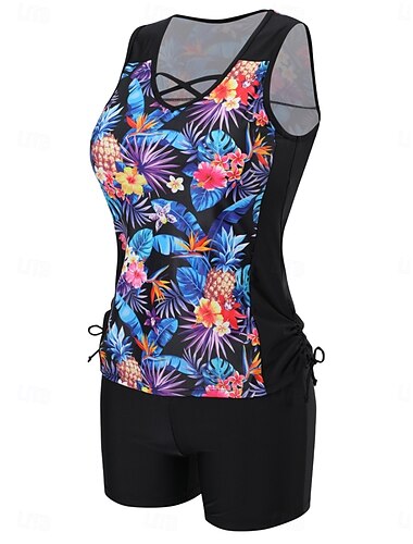 Damen Badeanzug Tankini 2 Stück Junge Bein Bademode Rückenfrei Hohe Taillenlinie Urlaub Strandbekleidung Blumen Ananas V Ausschnitt Ärmellos Badeanzüge