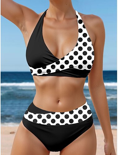  Wassimètres femme Bikini 2 pièces Maillot de bain sexy Sans dos Vacances Plage Wear Pois Halter Neck Sans manches