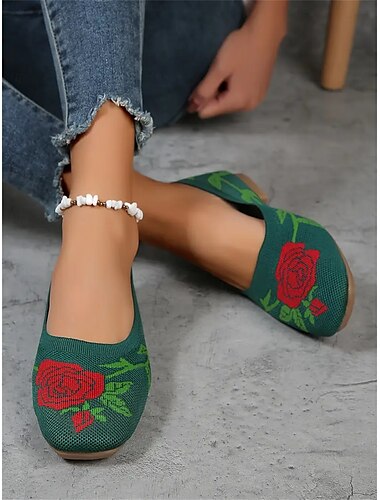  ballerines en tricot pour femmes avec motif de rose rouge | chaussures de vacances confortables et élégantes pour une tenue décontractée