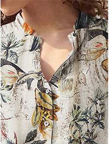  Womens Hawaiian Shirts Vintage Tops Lässige Blumen Lange Ärmel Hoher Kragen Blau Khaki Sommer Urlaub Kleidung Strand Bekleidung