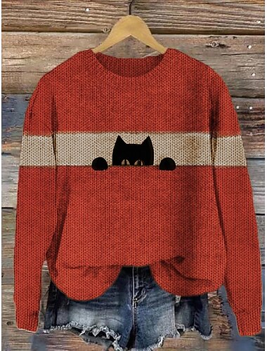  Mujer Pulóveres Diario Graphic Cuello Barco Estampado Manga Larga Tops regulares Tejer Formal Fin de semana Rojo tinto Negro Otoño Invierno
