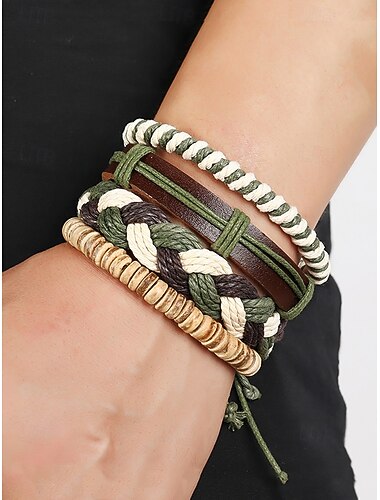  Vintage geweven armbandenset voor heren – meerlaagse gevlochten leren en touwarmbanden met natuurlijke kralenaccenten, accessoire in boho-stijl